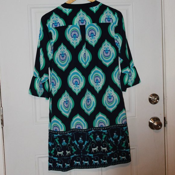 SALE: Crown & Ivy Navy/Turquoise Geometric and Monkey Design Shift Dress Size 4 - Picture 8 of 10